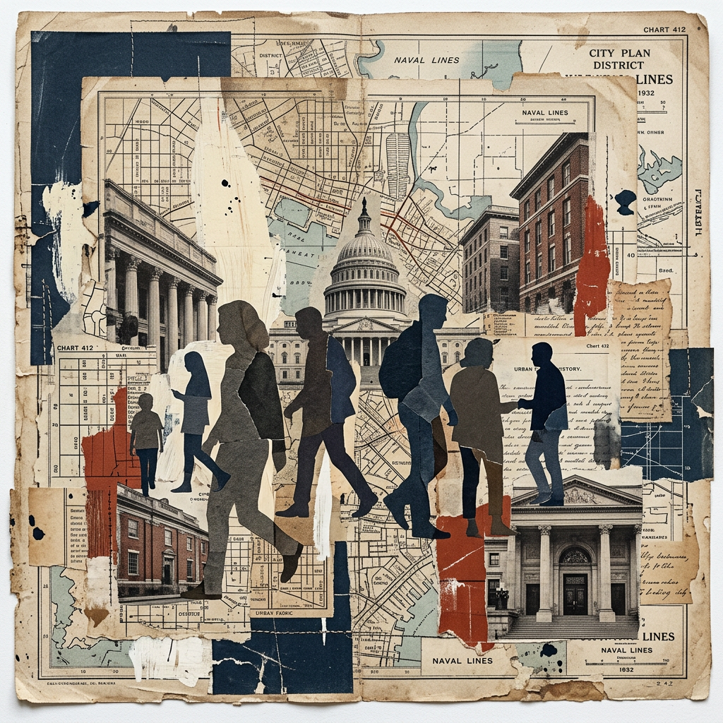 Collage of city maps, civic buildings, and silhouetted pedestrians